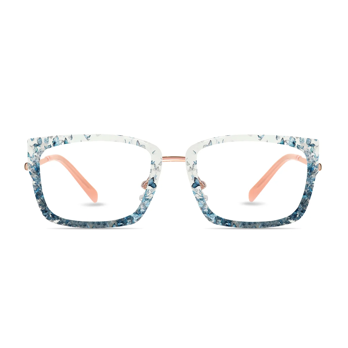 XCombo Soline Comabo Glasses in Rose Gold, Wide Rectangle Metal base frame with Watercolor Series Top Frame / Topper, front view , PW14