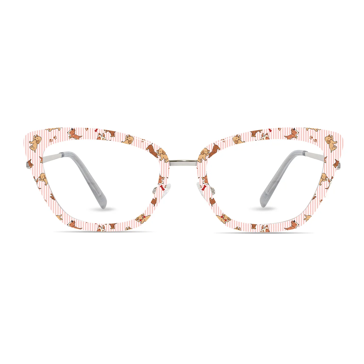 Customizable glasses silver cat-eye frame with dog-inspired Puppy Love toppers front view