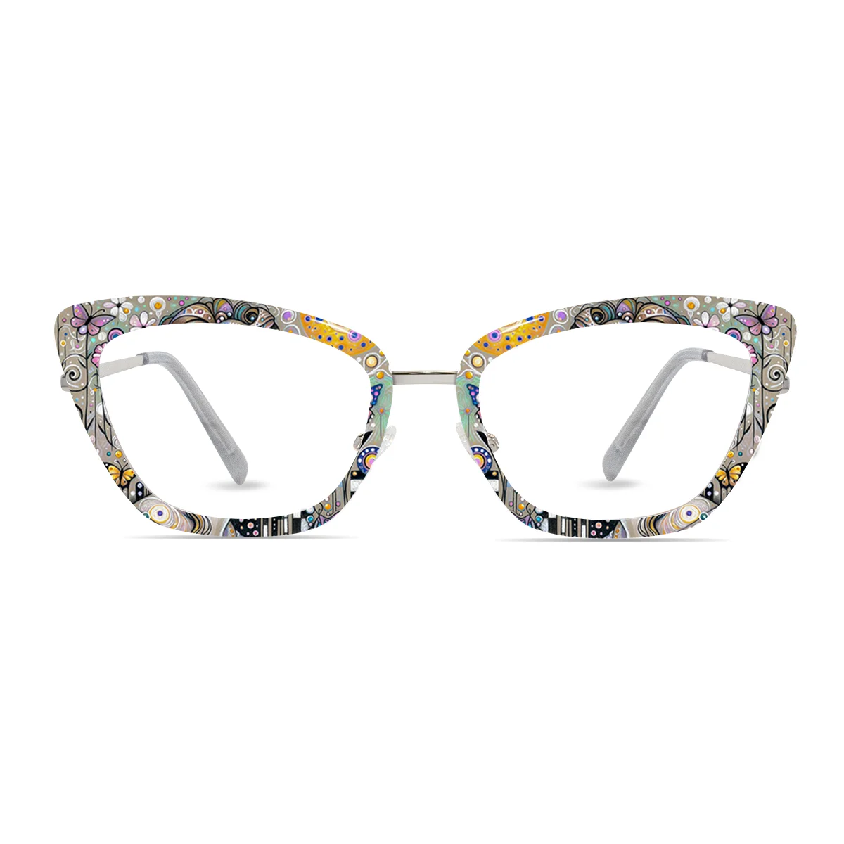 Xcombo interchangeable glasses frames with silver cat-eye base and butterfly toppers