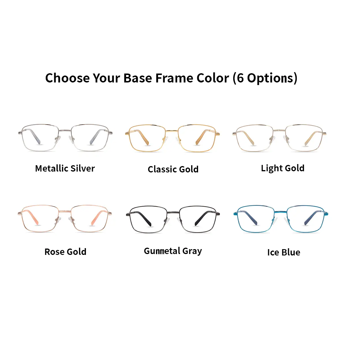 xcombo-soline-frame-color Six color options for XCombo Eyewear Soline cat eye base frame including Metallic Silver, Rose Gold, Classic Gold, Gunmetal Gray, Light Gold, and Ice Blue
