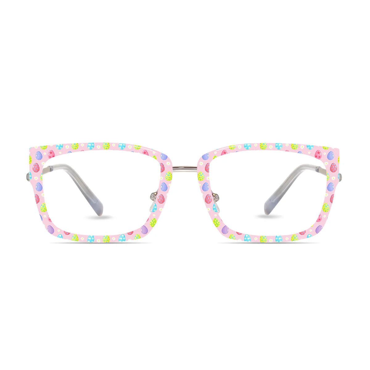 Reading glasses modular design silver rectangle frame with interchangeable seasonal toppers