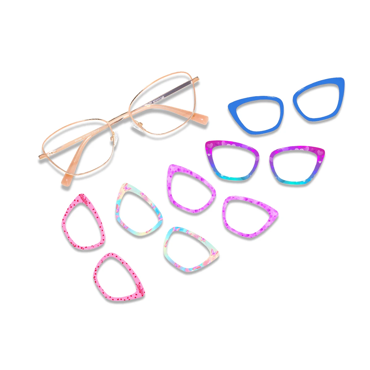 XCombo Mira Cat Eye Series Interchangeable glasses bundle with base frame and 5 toppers 1