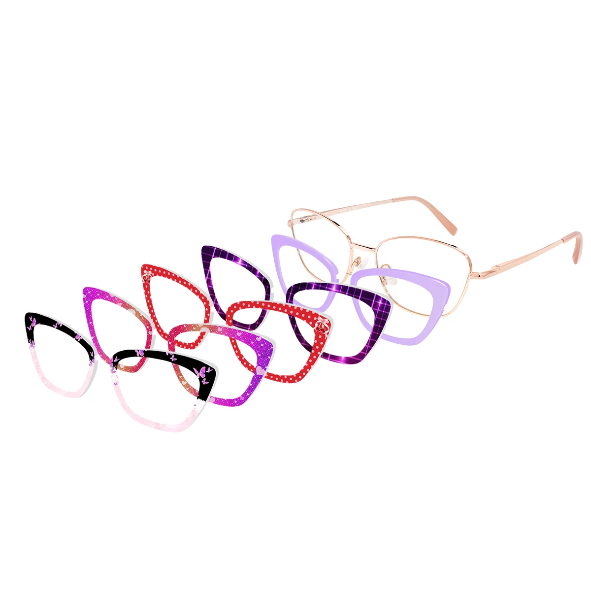 XCombo Mira Cat Eye Series Interchangeable glasses bundle with base frame and 5 toppers 5
