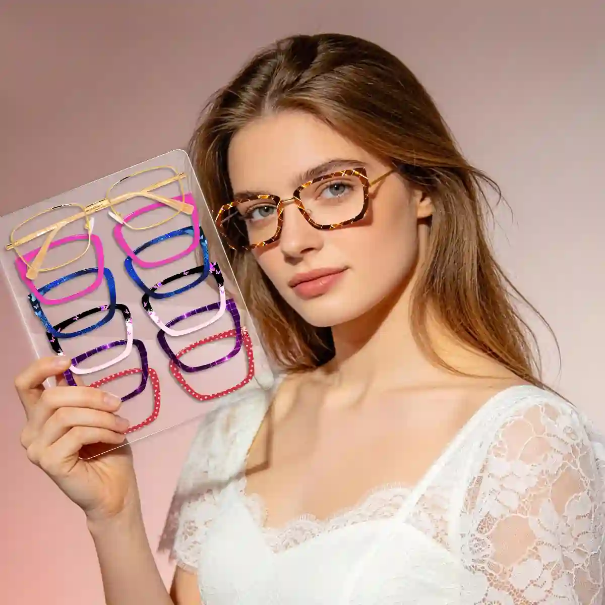 Women wearing XCombo Interchangeable glasses and holding rectangle glasses bundle set including one base + 5 toppers
