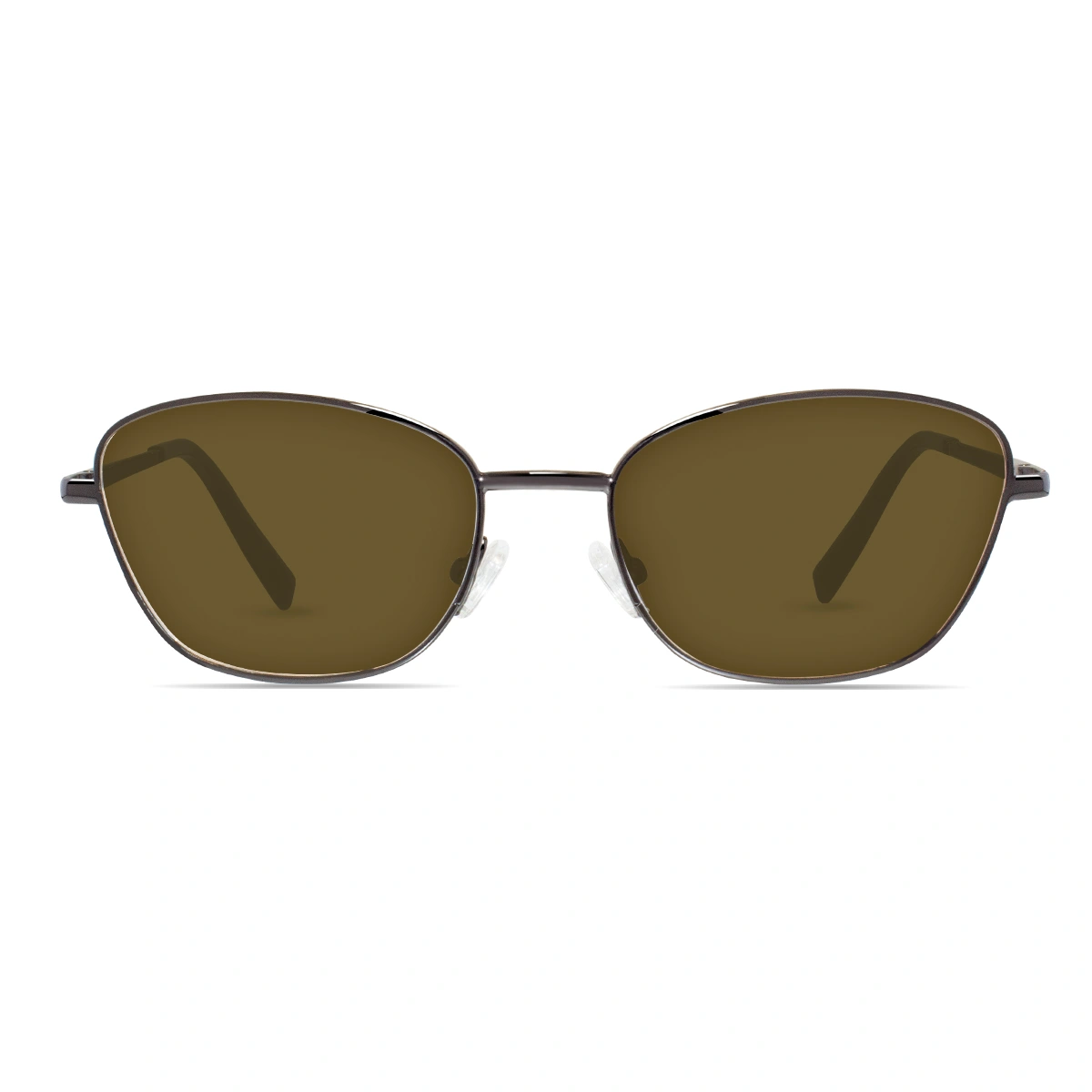 xcombo-mira-gunmetal-gray-sunglasses-brown-front-view Frontal shot of XCombo gunmetal gray cat eye sunglasses featuring dark brown tinted lenses and an interchangeable glasses frame structure.