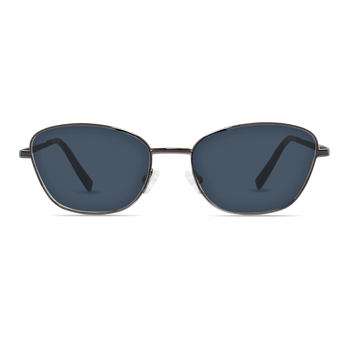 xcombo-mira-gunmetal-gray-sunglasses-gray-front-view XCombo cat eye sunglasses in dark gunmetal gray metal with neutral gray lenses and customizable interchangeable glasses frame system.