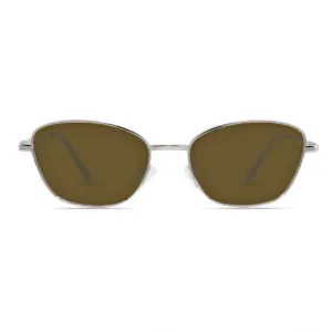 XCombo metallic silver cat eye sunglasses with brown lenses, featuring a modular interchangeable glasses frame design on a white background.