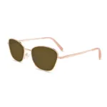 xcombo-mira-rose-gold-sunglasses-brown-left-angle-view erspective 3/4 angle shot of XCombo rose gold metal sunglasses, highlighting the elegant cat eye silhouette and modular frame construction.