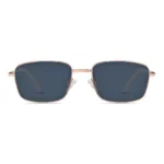 Front view of XCombo classic rectangle sunglasses in rose gold metal with neutral gray lenses and an interchangeable glasses frame system.