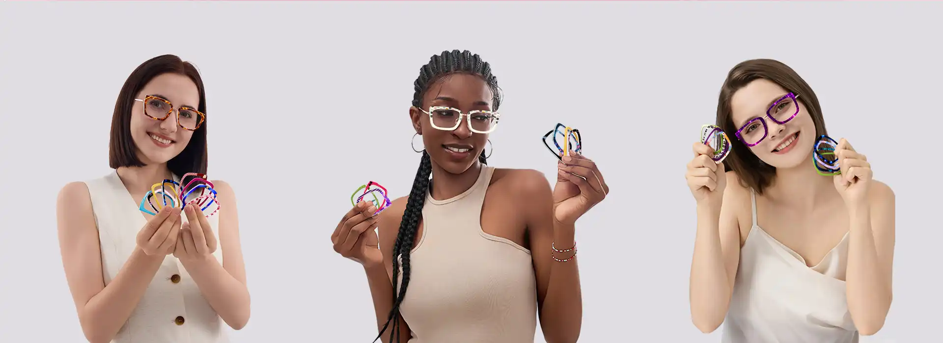 Three women with different skin tones wearing XCombo interchangeable eyewear toppers and holding detachable frames.