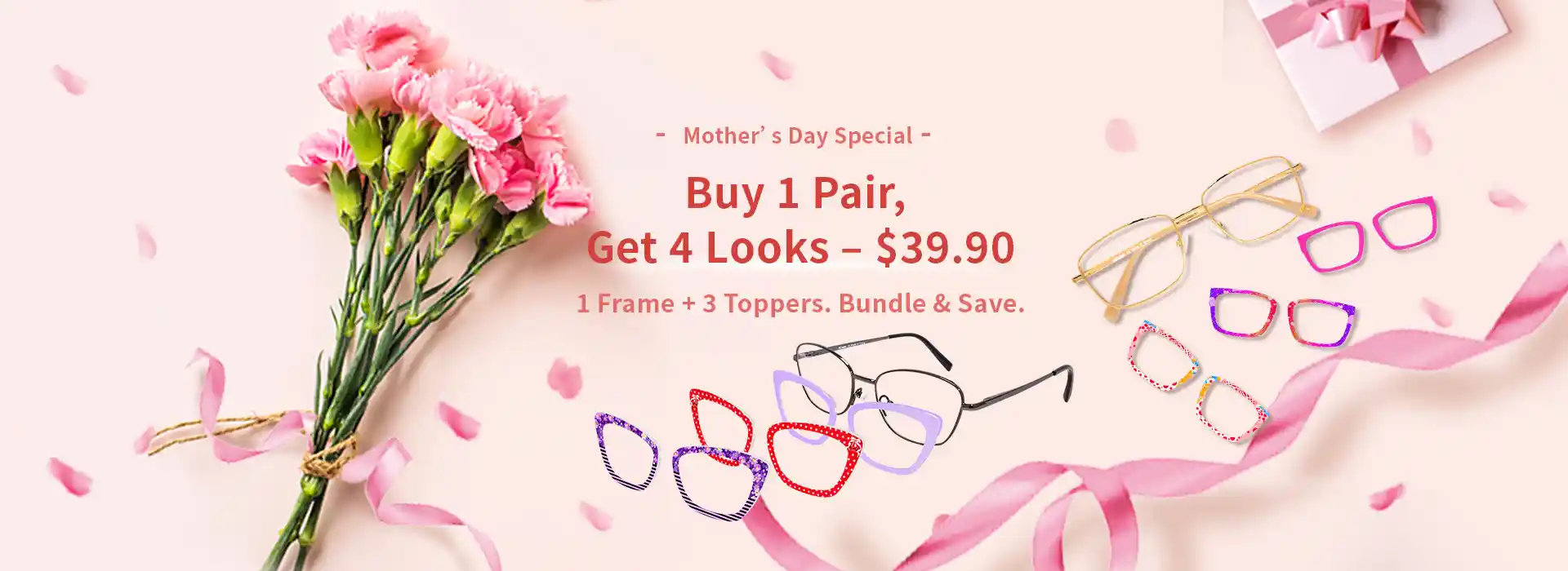 Interchangeable glasses bundle set for Mother’s Day, 1 frame + 3 toppers with floral background