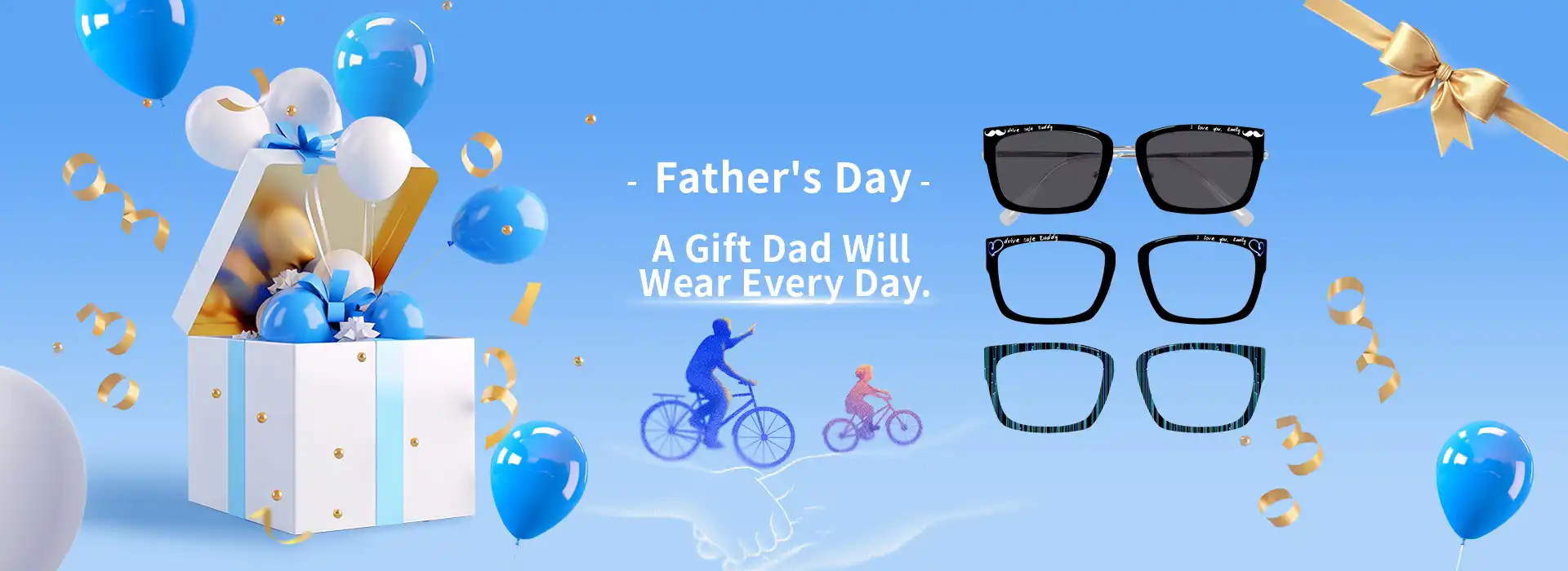 Xcombo Eyewear Father's Day Sale: Happy dad and child riding bicycles with festive balloons
