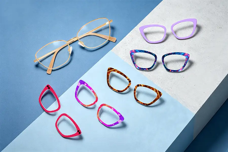 xcombo-custom-glasses-with-multiple-toppers xcombo custom glasses bundle, contains one prescription base frame and many eyewear toppers