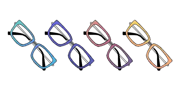 4 pairs of XCombo glasses with different toppers