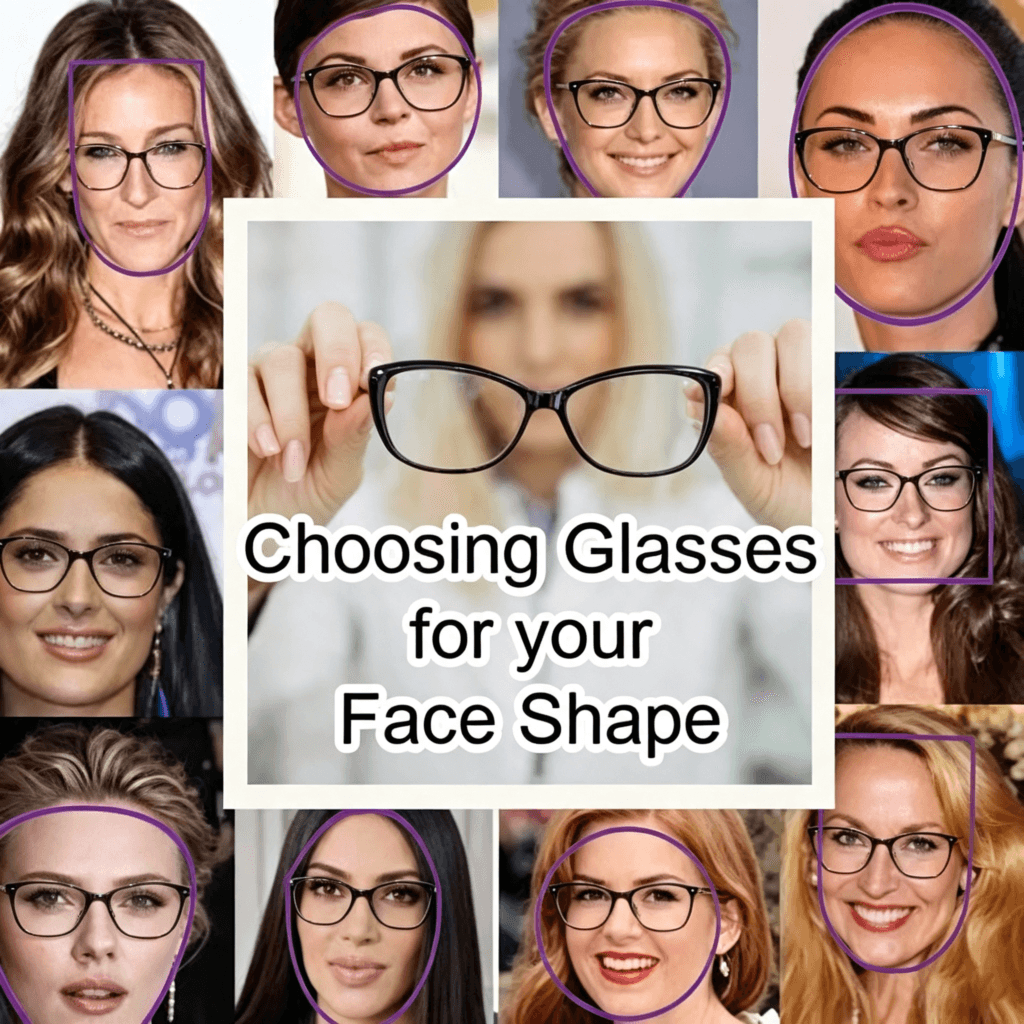 XCombo guide on choosing glasses for your face shape featuring women wearing different frame styles.