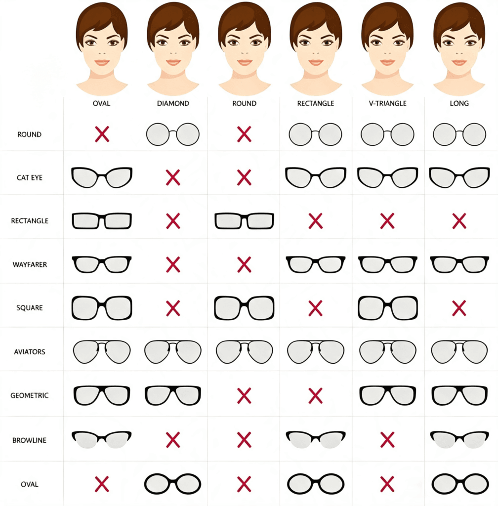 XCombo face shape glasses chart showing matching frame styles like Cat Eye, Round, Rectangle, and Browline for oval, round, square, and diamond faces