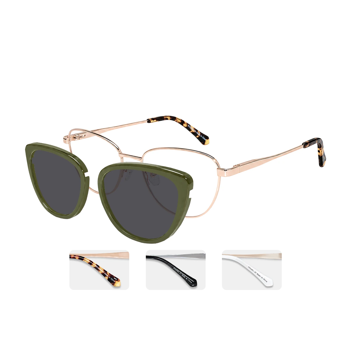 XCombo Aura Army Green polarized Sun Topper displayed separately from the prescription-ready base frame for removable sun coverage