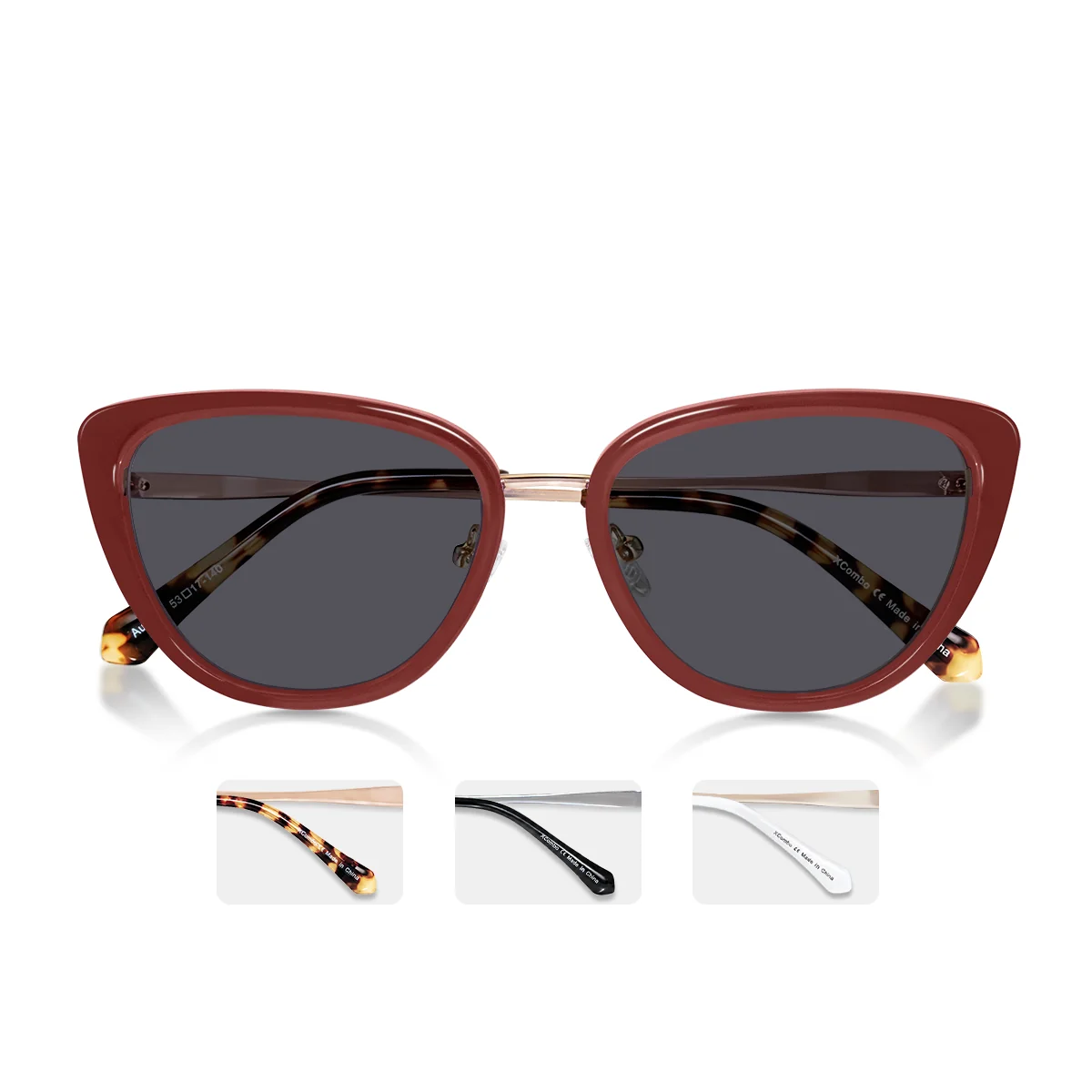 Burgundy polarized XCombo Aura sunglasses set with folded temples and three metal base frame options displayed below
