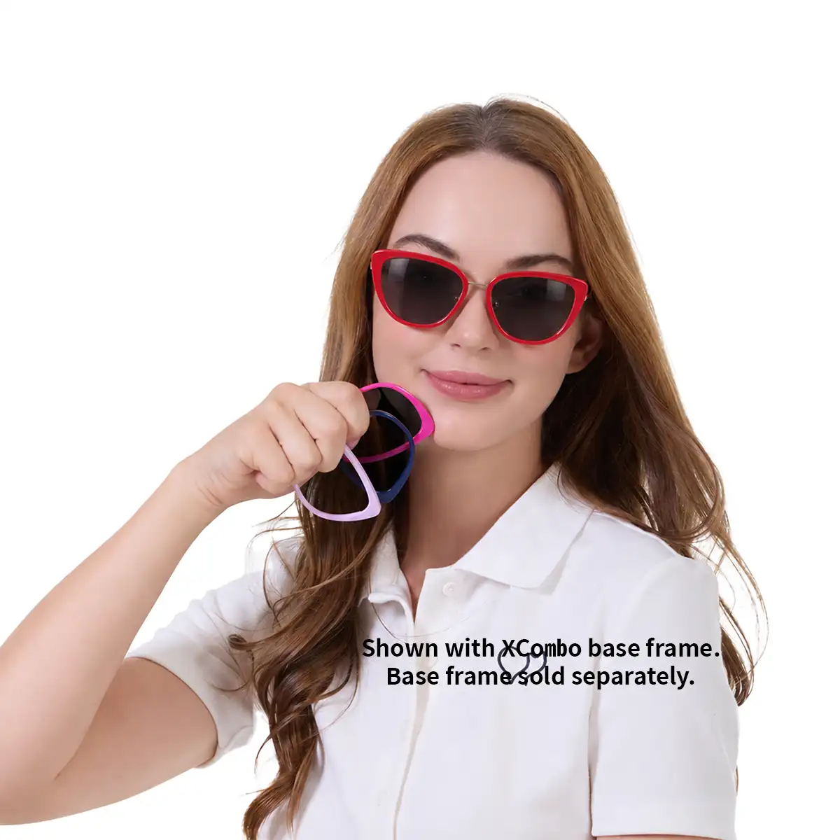 woman wearing XCombo Aura Cat eye glasses with red sun toppers and holding another interchangeable eyewear toppers