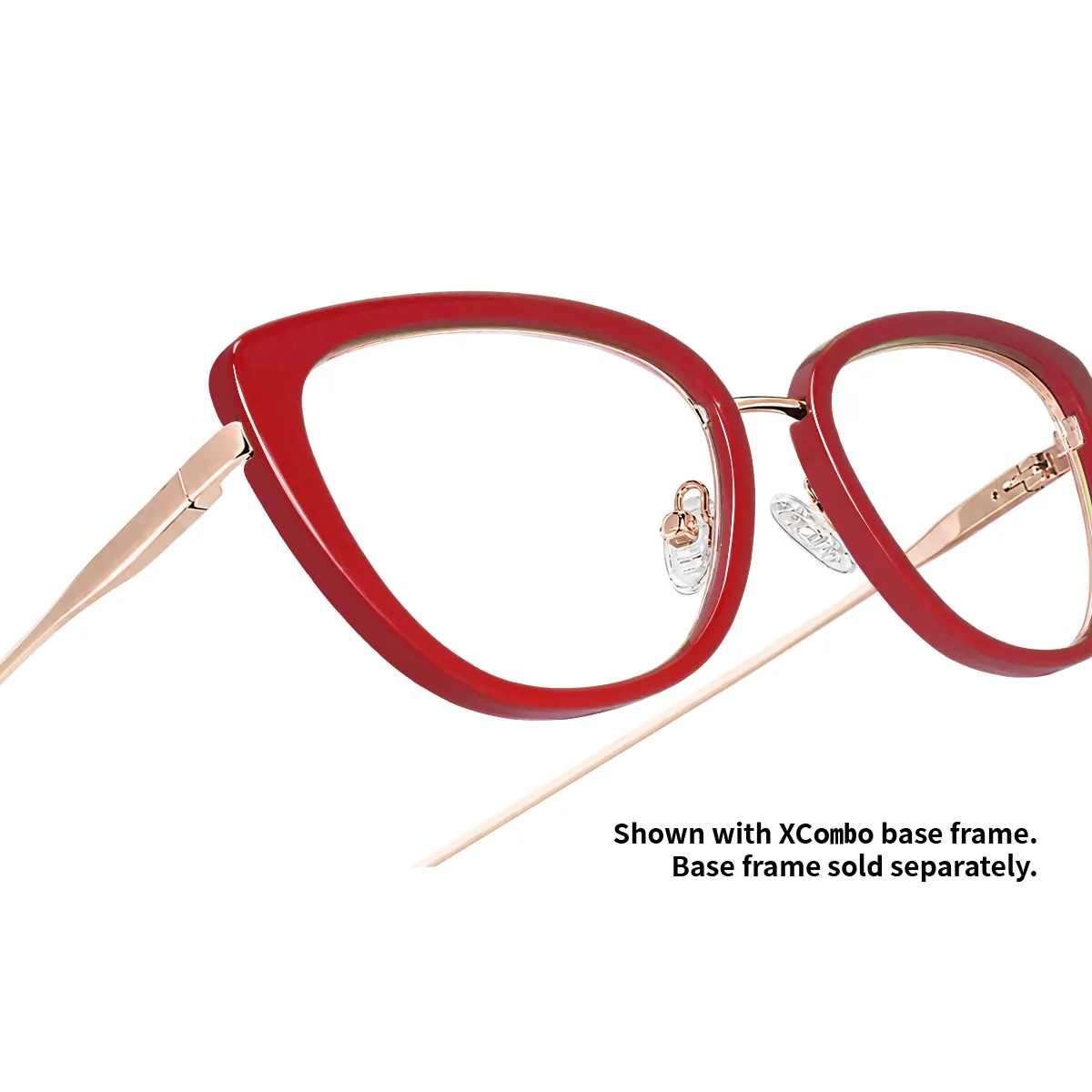 Underside view of XCombo Aura Red glasses topper fitted onto the cat-eye base frame for interchangeable eyewear