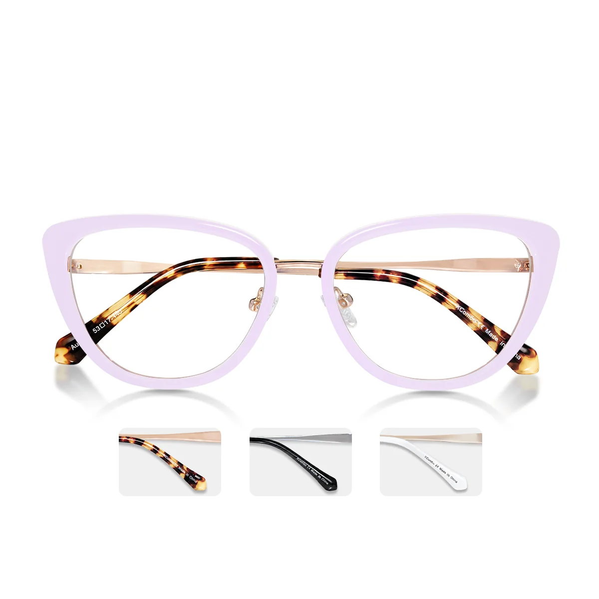 xcombo-aura-custom-glasses-brush-topper-folded-temples Brush XCombo Aura eyewear shown with folded temples and multiple metal frame and temple tip combinations underneath
