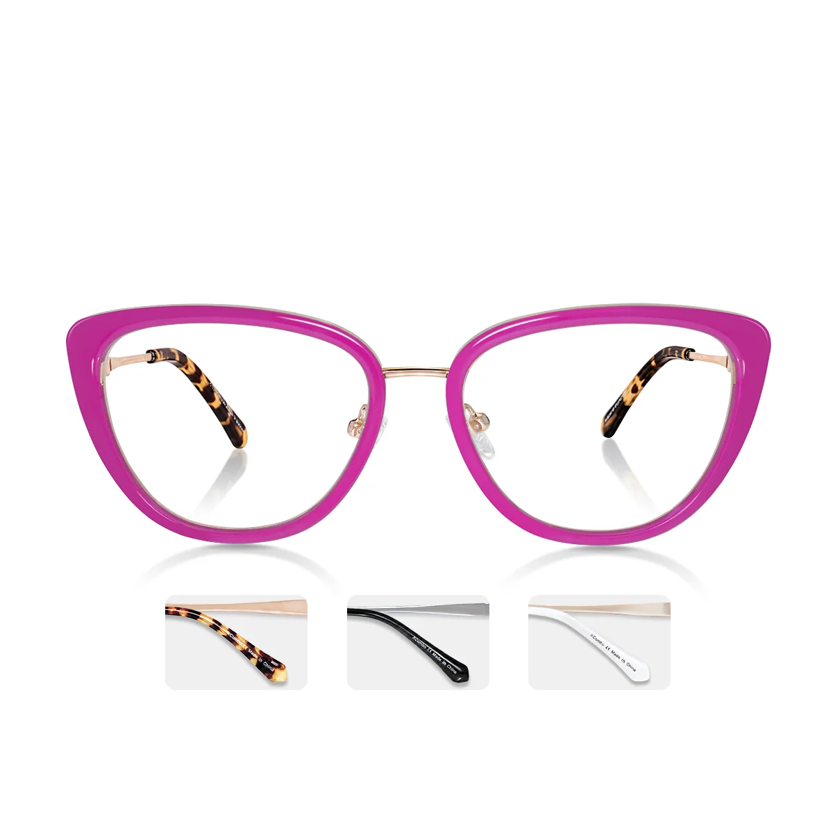 XCombo Aura Hot Pink custom glasses shown straight on, combining a bright topper with a refined metal cat-eye frame