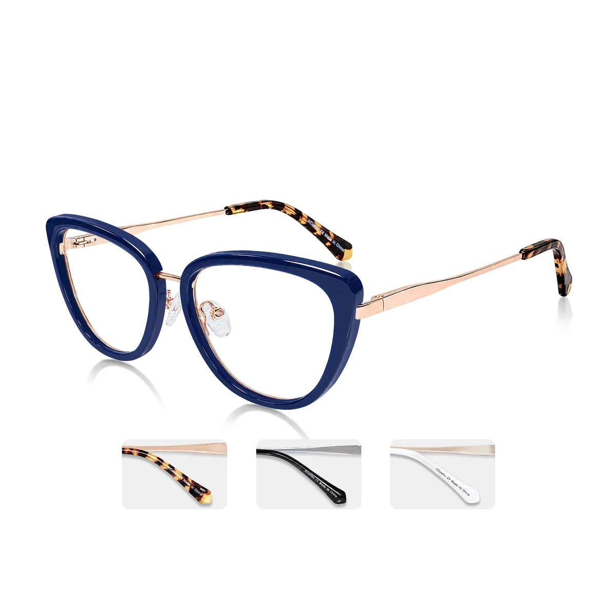 xcombo-aura-custom-glasses-navy-topper-angle Navy XCombo Aura custom eyewear set shown at an angle with selectable metal base frame finishes and coordinated temple tips