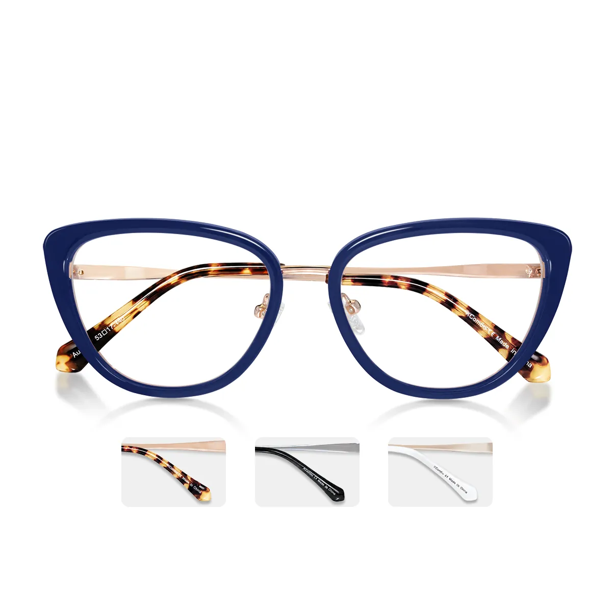 xcombo-aura-custom-glasses-navy-topper-folded-temples XCombo Aura custom glasses with Navy topper and folded temple arms, shown with three metal frame finish choices