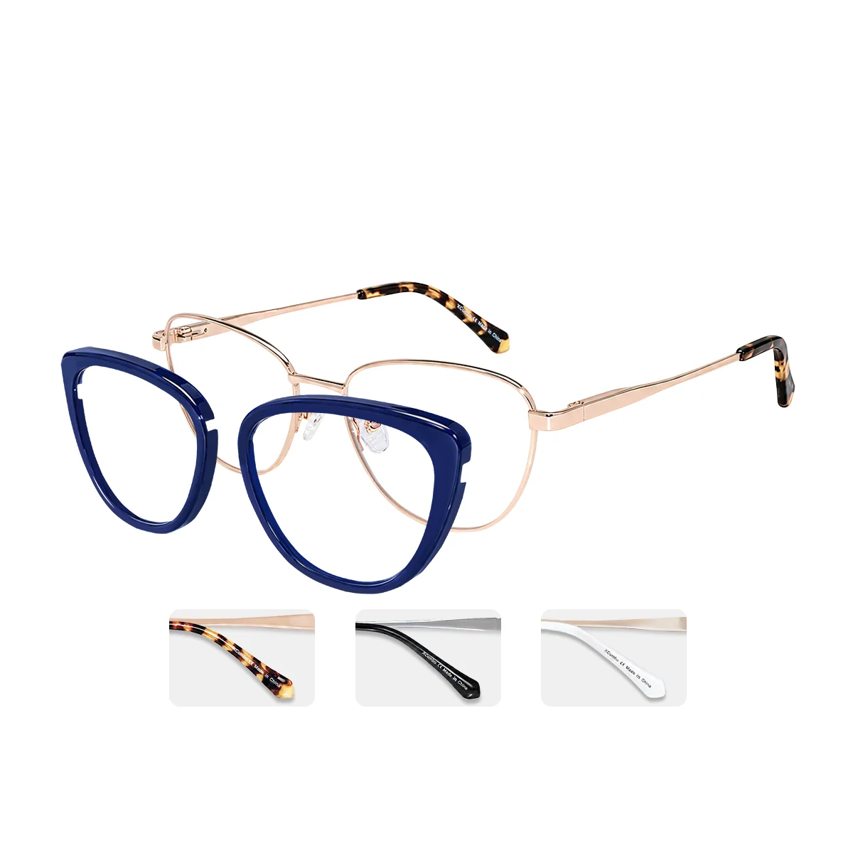 Navy XCombo Aura topper shown separated from the cat-eye base frame with selectable frame finishes displayed below