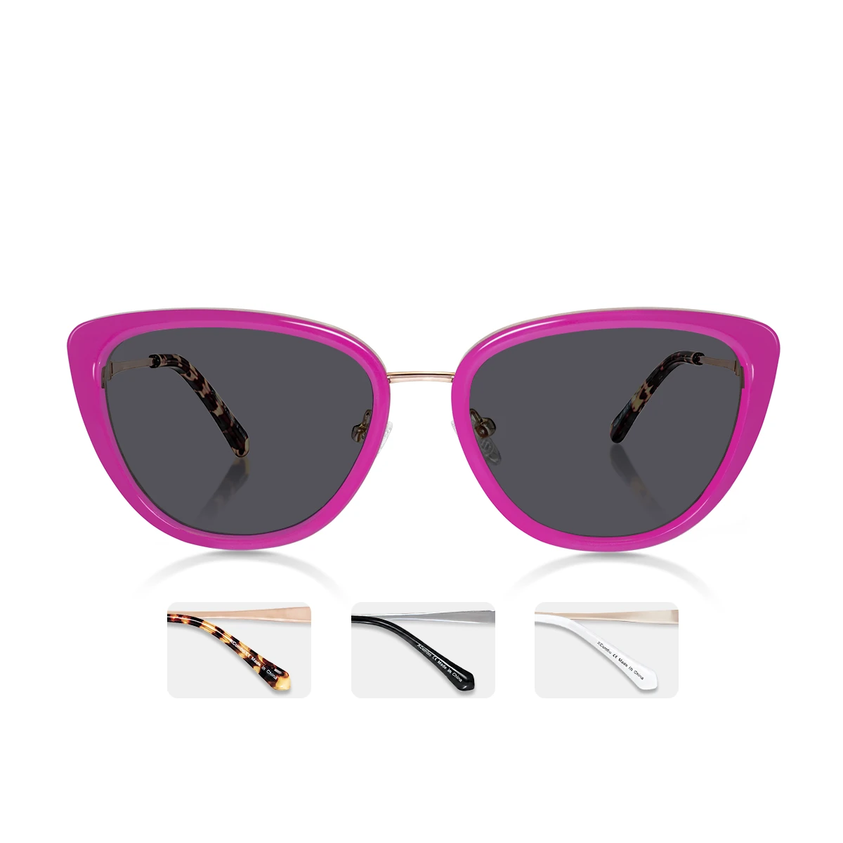 Straight-on XCombo Aura Hot Pink Sun Topper with dark polarized lenses fitted over the everyday optical base frame