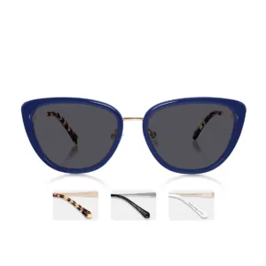 XCombo Aura Navy Sun Topper with polarized lenses mounted over the optical frame, shown with three selectable metal finishes