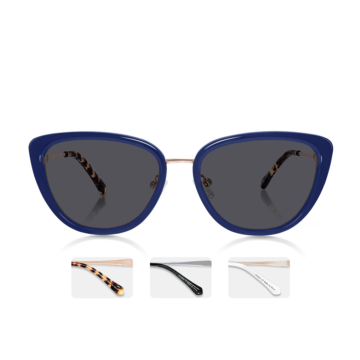 XCombo Aura Navy Sun Topper with polarized lenses mounted over the optical frame, shown with three selectable metal finishes
