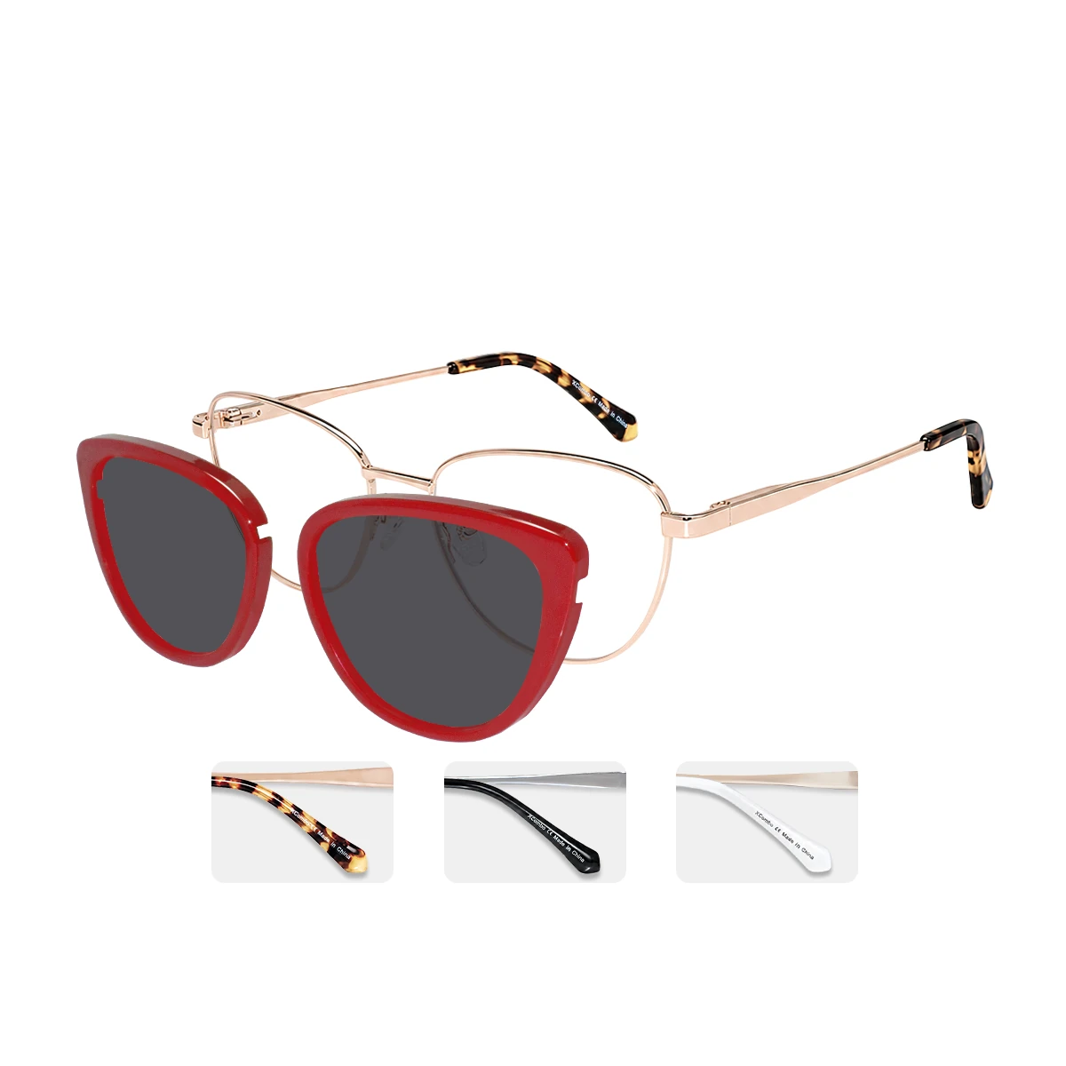 Red polarized XCombo Aura Sun Topper separated from the base frame to show how optical glasses convert to sunwear