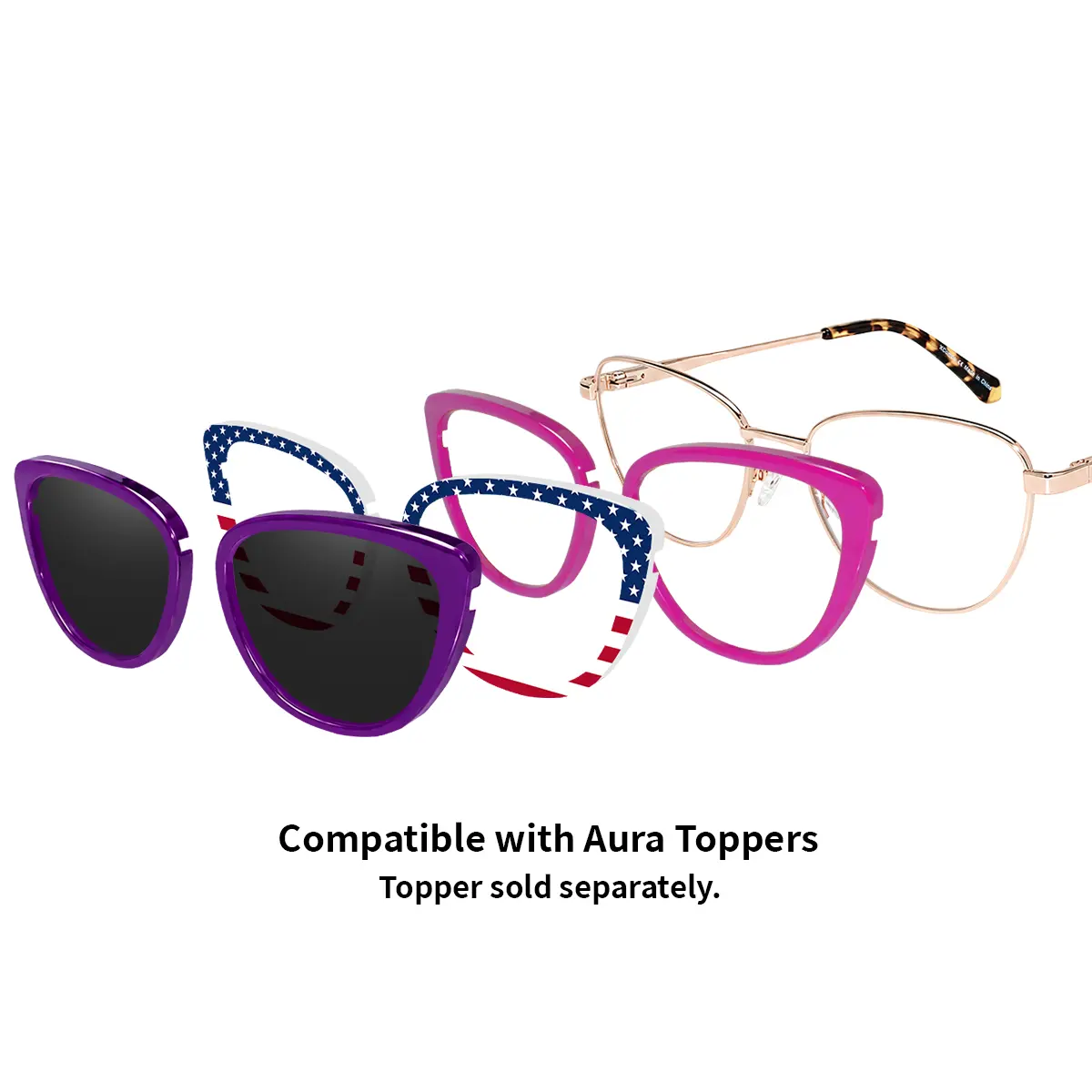 XCombo Aura rose gold cat-eye base frame displayed with sun, solid color and creative interchangeable toppers, sold separately