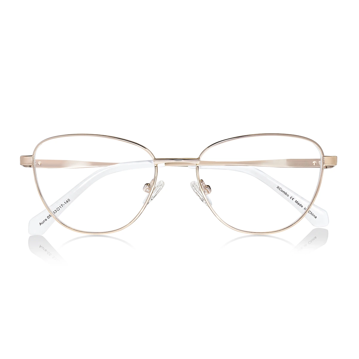 xcombo-champagne-gold-cat-eye-glasses-aura-front-folded XCombo Aura medium cat-eye champagne gold metal base frame with white acetate temple tips