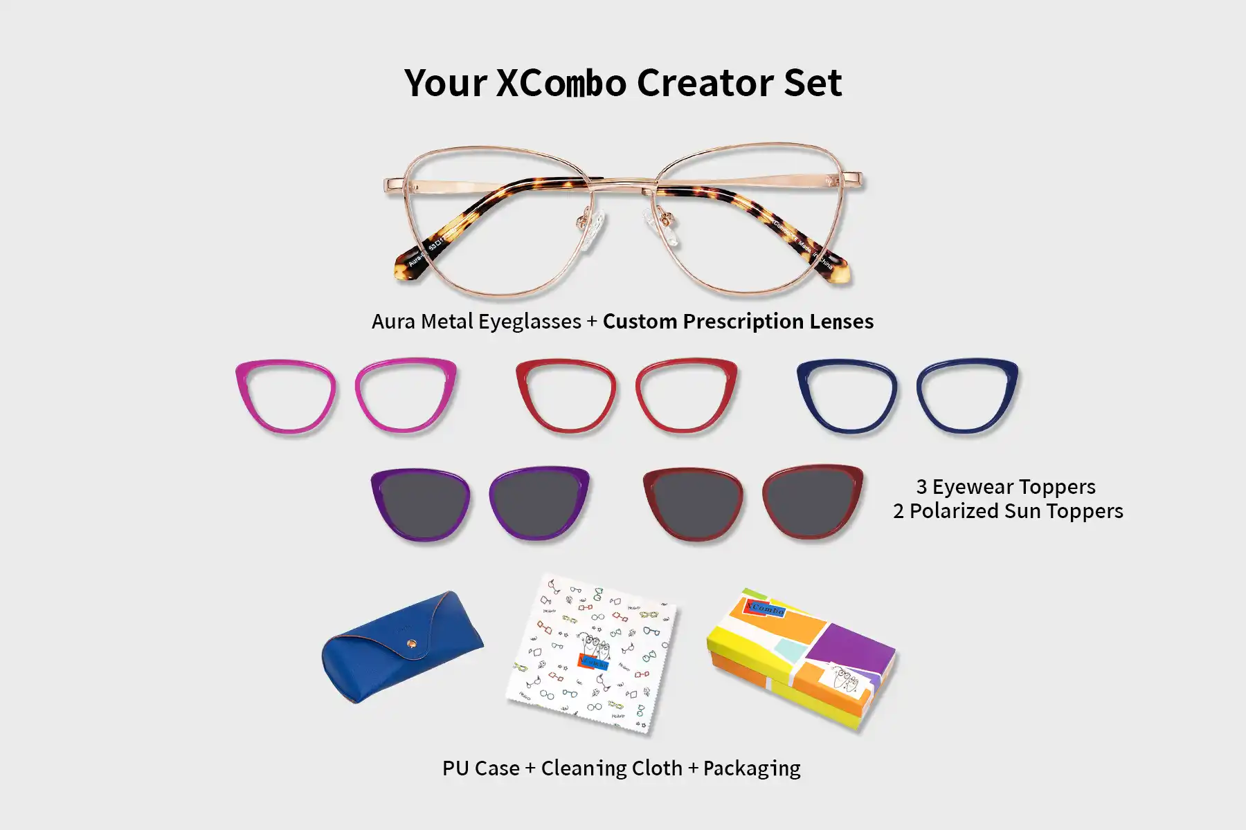 XCombo Creator Set featuring Aura metal eyeglasses with custom prescription lenses, three interchangeable eyewear toppers, two polarized sun toppers, PU glasses case, cleaning cloth and packaging