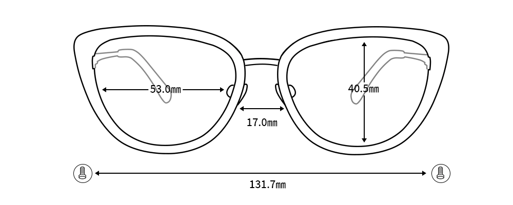 Diagram showing XCombo Aura Midium Cat eye glasses frame with toppers measurements including lens width, lens height, bridge width, and temple length