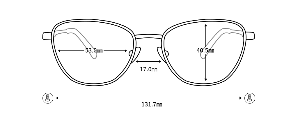 Diagram showing XCombo Aura Medium Cat-Eye Metal Glasses base frame measurements, including frame width, lens width, lens height, bridge width