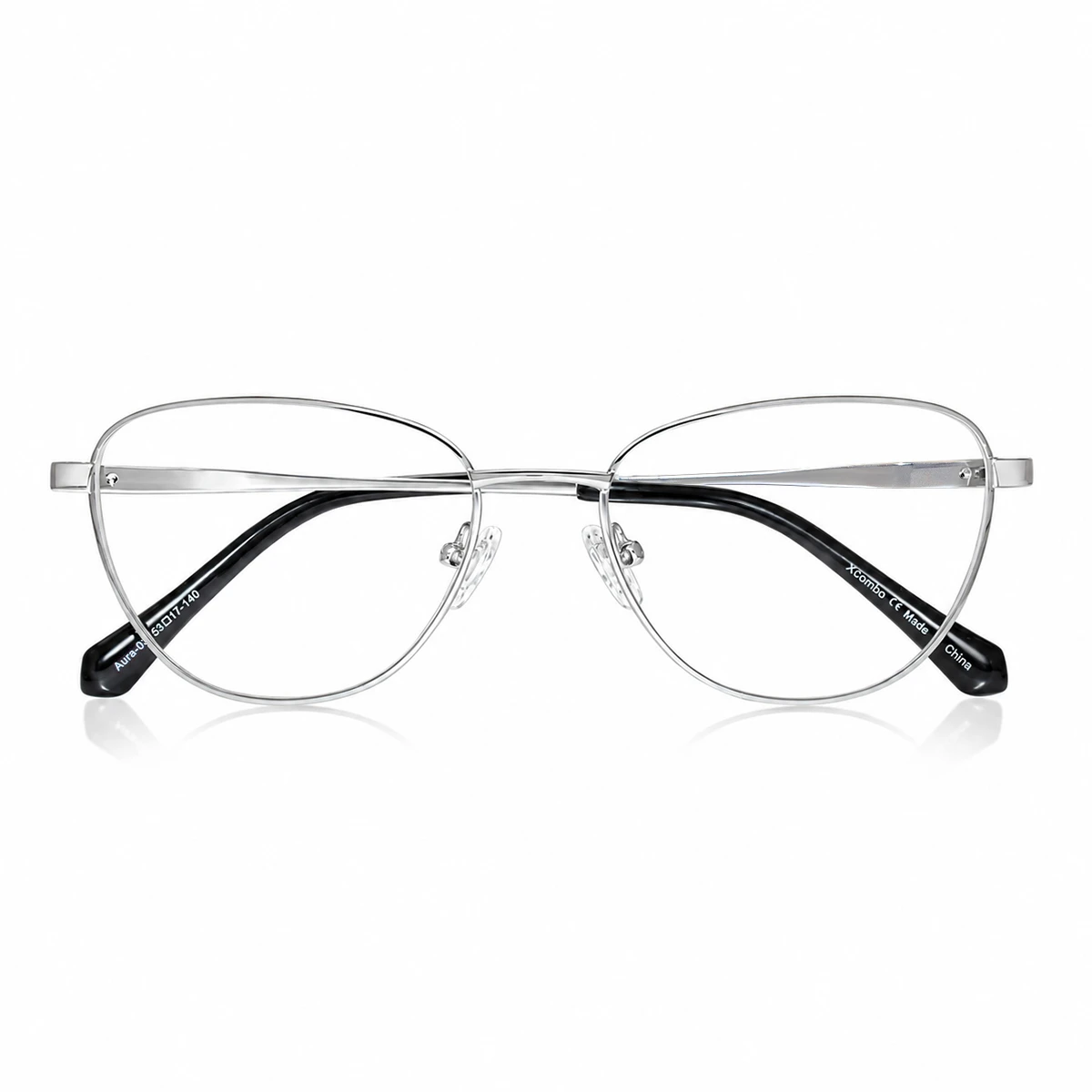 xcombo-metallic-silver-cat-eye-glasses-aura-front-folded XCombo Aura medium cat-eye metallic silver metal base frame with glossy black acetate temple tips