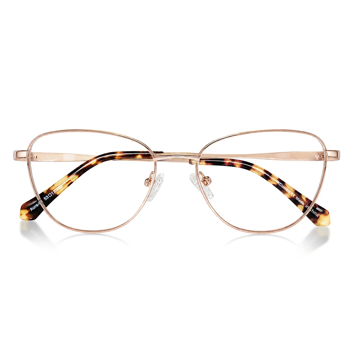 XCombo Aura rose gold cat-eye medium metal base frame with tortoiseshell acetate temple tips