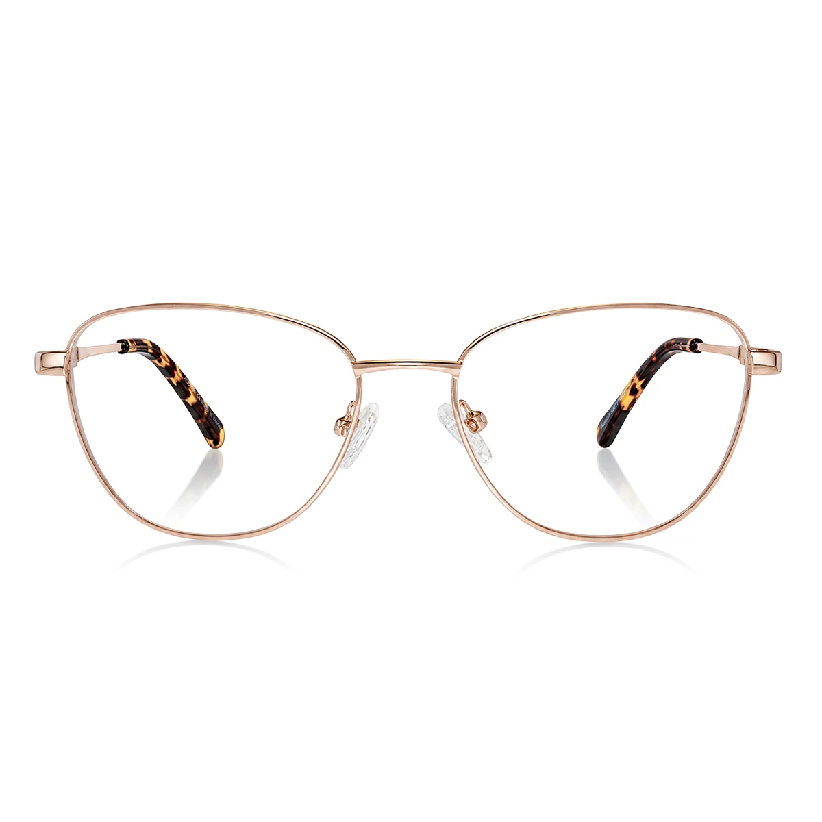 XCombo rose gold cat-eye medium metal base frame with tortoiseshell acetate temple tips, front view