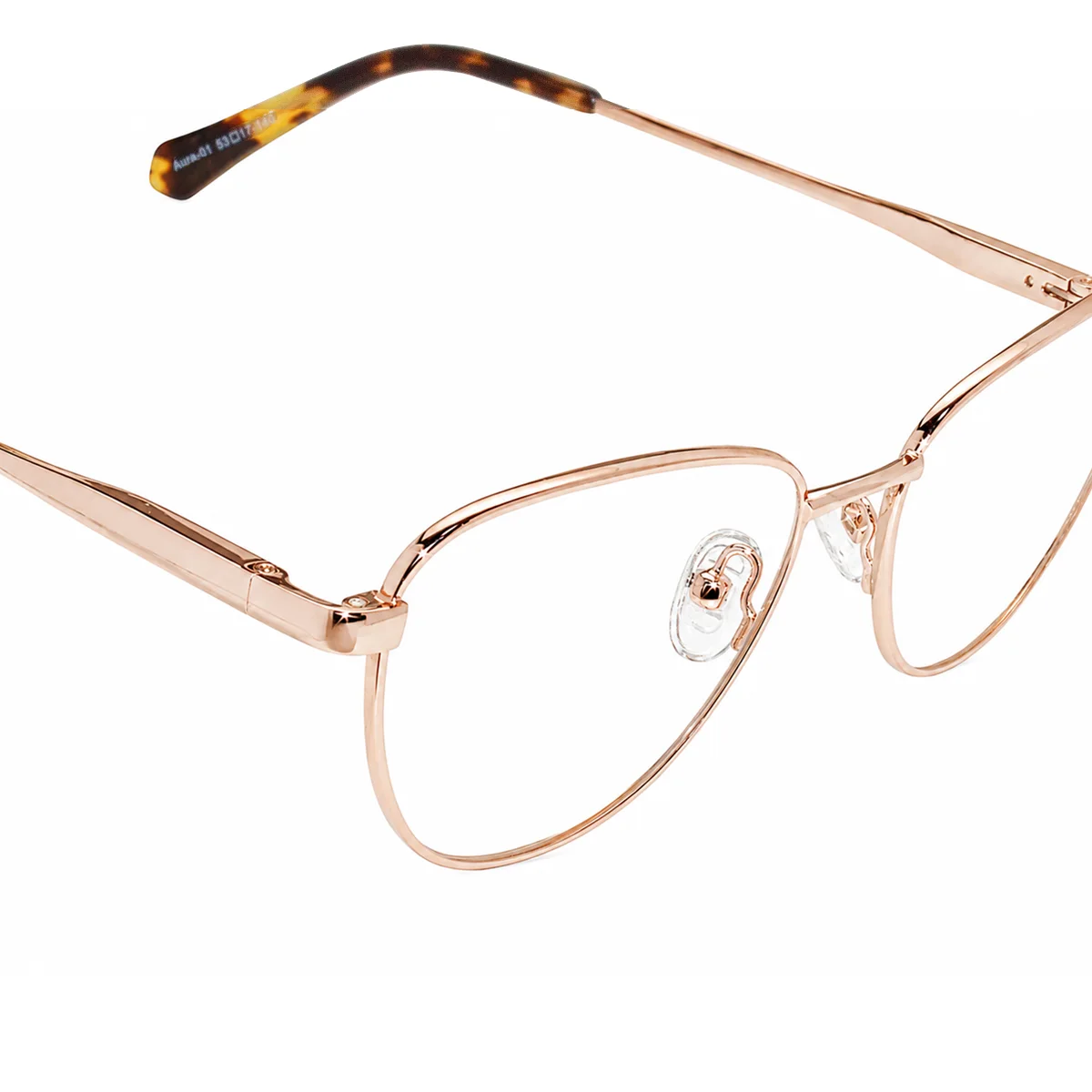 xcombo-rose-gold-cat-eye-glasses-aura-top-view Top view of XCombo rose gold cat-eye glasses metal base frame with tortoiseshell acetate temple tips