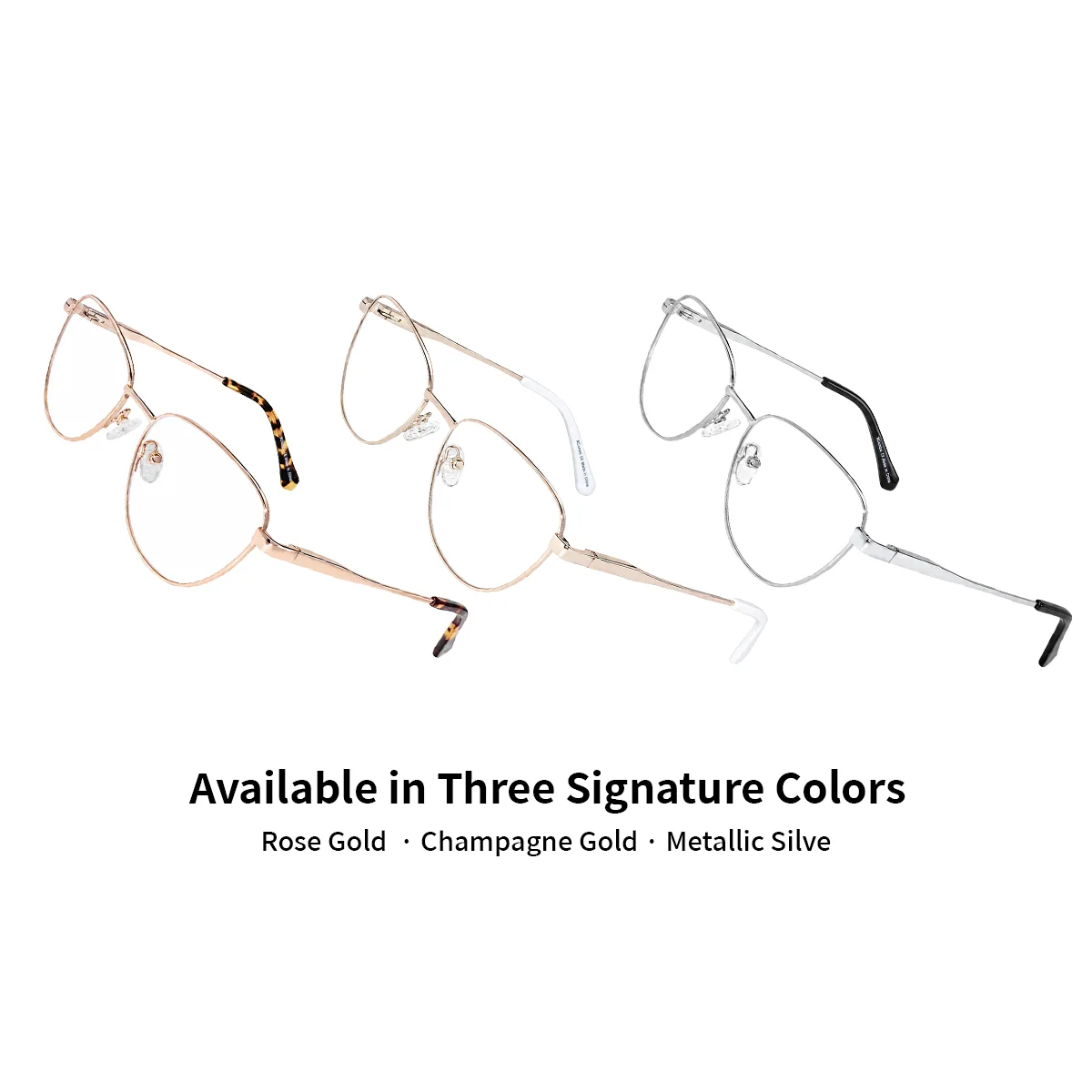 XCombo Aura cat-eye metal base frames in three signature colors, Rose Gold, Champagne Gold and Metallic Silver, shown from a side-angle view.