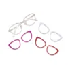 xcombo-aura-champagne-gold-base-frame-solid-color-toppers XCombo Aura champagne gold cat-eye metal base frame with three interchangeable solid color eyewear toppers in pink, red and light purple.