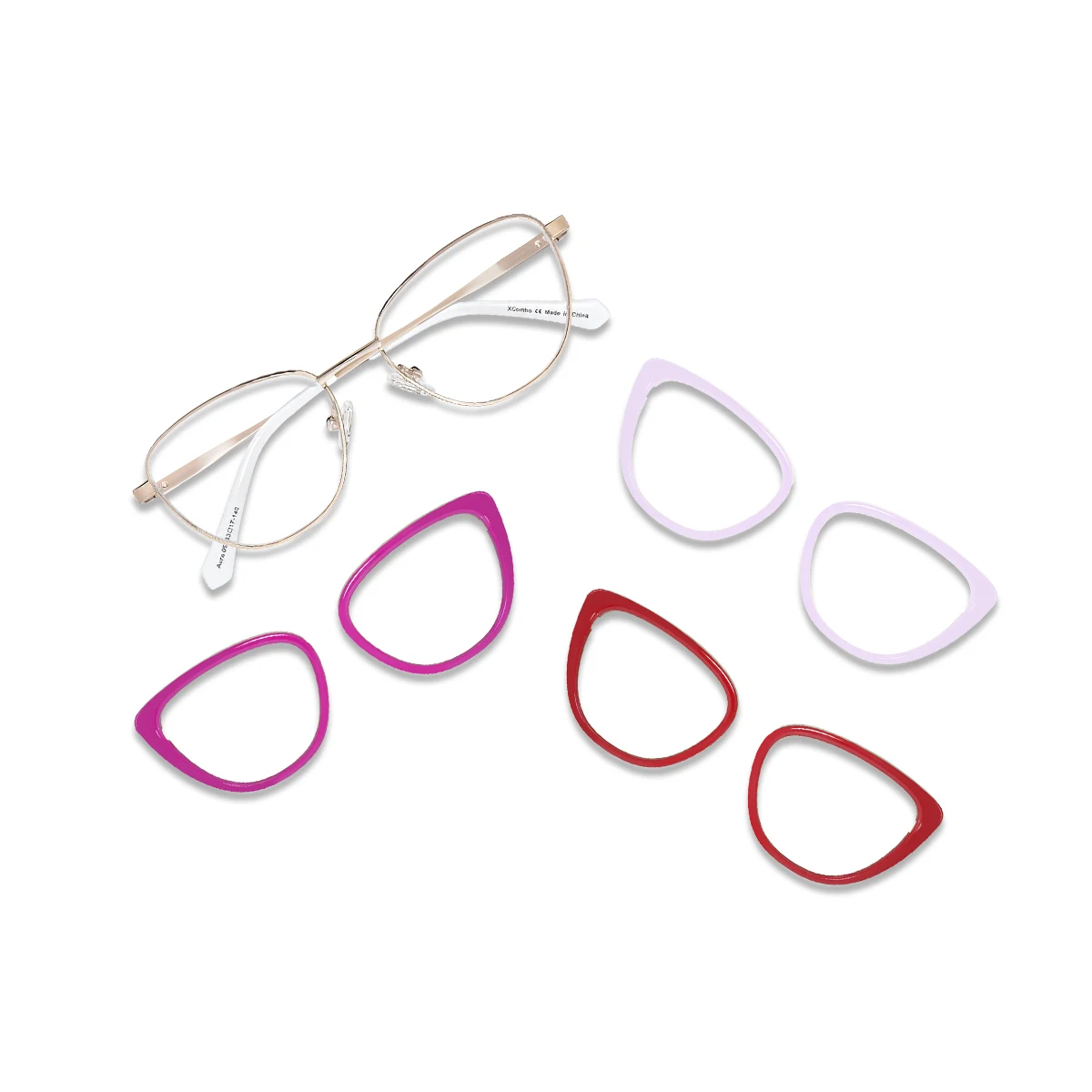 XCombo Aura champagne gold cat-eye metal base frame with three interchangeable solid color eyewear toppers in pink, red and light purple.