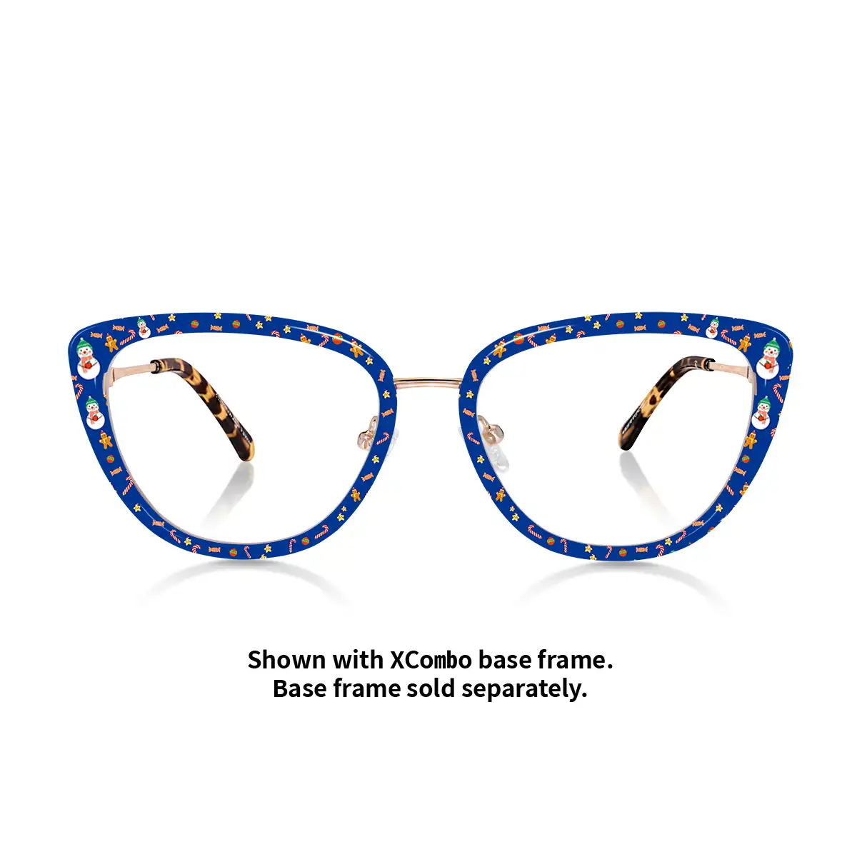 XCombo Aura frame paired with Snowman Blue topper, festive holiday glasses front view