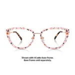 xcombo-aura-glasses-halloween-ph31-front XCombo Aura rose gold cat eye glasses with pink Halloween topper featuring pumpkins, ghosts and bats, front view of interchangeable glasses topper