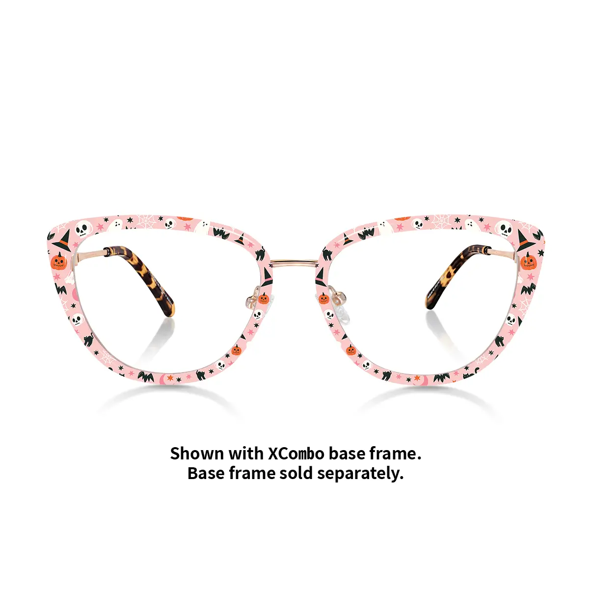 XCombo Aura rose gold cat eye glasses with pink Halloween topper featuring pumpkins, ghosts and bats, front view of interchangeable glasses topper