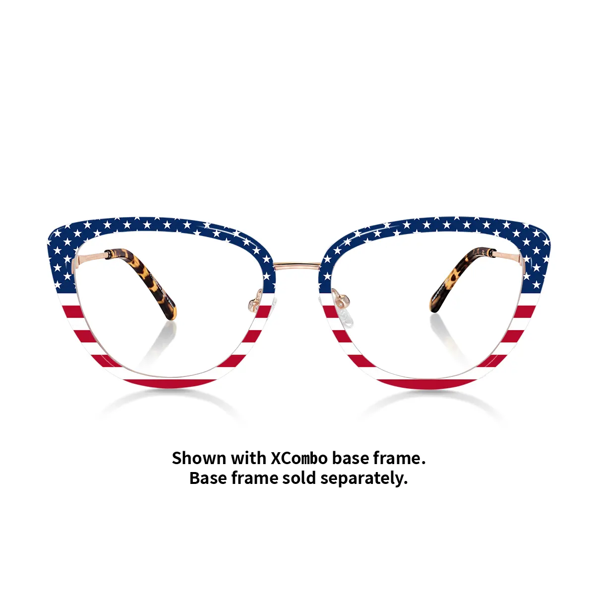 Front view of XCombo American flag interchangeable eyewear topper fitted to the Aura metal base frame