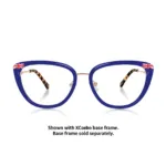 Front view of XCombo British flag interchangeable eyewear topper on the Aura cat-eye metal frame